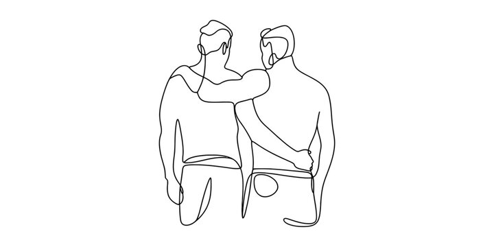 Two men standing together, one with arm around the other, single line drawing Vector, illustration