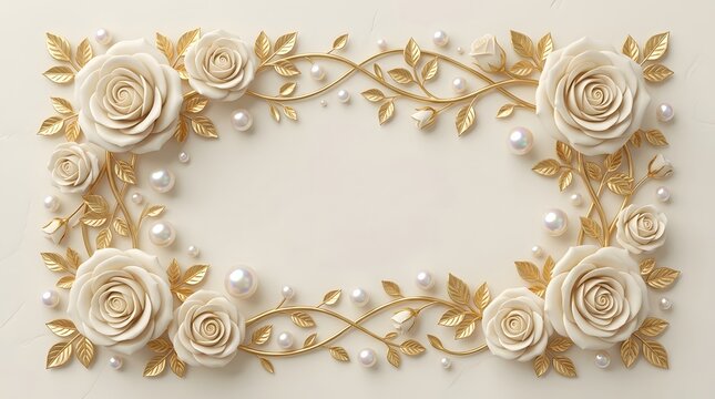 Roses frame with golden vines and pearls on cream background