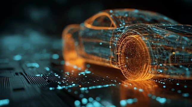 Advanced Automotive AI Chip with Glowing Sports Car Wireframe and Digital Circuits (AI Generated)
