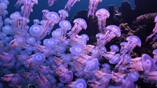 A dazzling swarm of bioluminescent jellyfish drifts gracefully through the deep blue oceanic abyss, their delicate tentacles trailing mesmerizingly in the gentle underwater currents