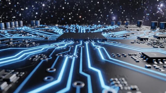 Circuit board with glowing blue lines representing the seamless integration of human and machine