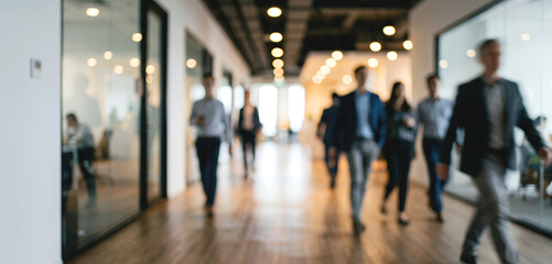 A busy office corridor filled with professionals walking and engaging in their work environment, showcasing modern architecture and bright lighting. © Vhagar