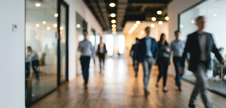 A busy office corridor filled with professionals walking and engaging in their work environment, showcasing modern architecture and bright lighting.