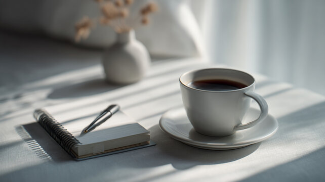 minimal workspace with a cup of coffee and a notebook, soft window light