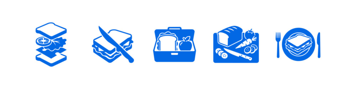 Set of blue sandwich and lunch icons including a deconstructed sandwich, lunchbox with apple, cutting board with vegetables, and a plated meal with cutlery. Ideal for food and nutrition themes.