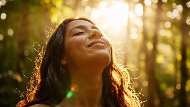 Woman with closed eyes in forest ideal for sleek commercial backgrounds and title sequences