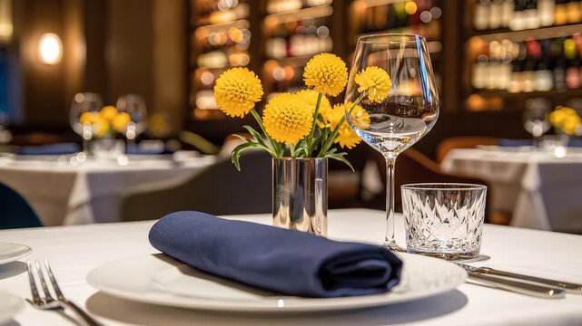 Elegant restaurant table setting with flowers emphasizing modern aesthetics and minimalist design