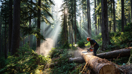 Fototapeta premium Logger cutting tree in dense forest with sunlight rays, chainsaw, safety gear, green foliage