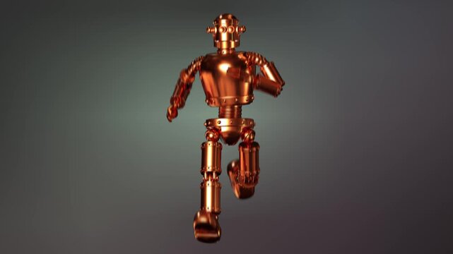 Metallic Copper Retro Robot Running Loop.
A seamless loop of a vintage-style, shiny copper robot running forward against a smooth gradient background. 