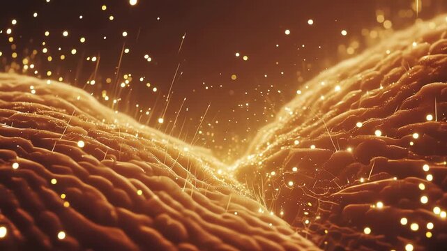 Abstract organic surface with realistic texture,
soft golden energy particles gathering and flowing inward like recharge effect
