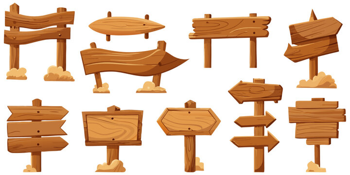 A versatile set of blank wooden signs, directional arrow posts, and rustic signboard panels showcasing realistic wood grain textures, perfect for game design maps or user interface assets.