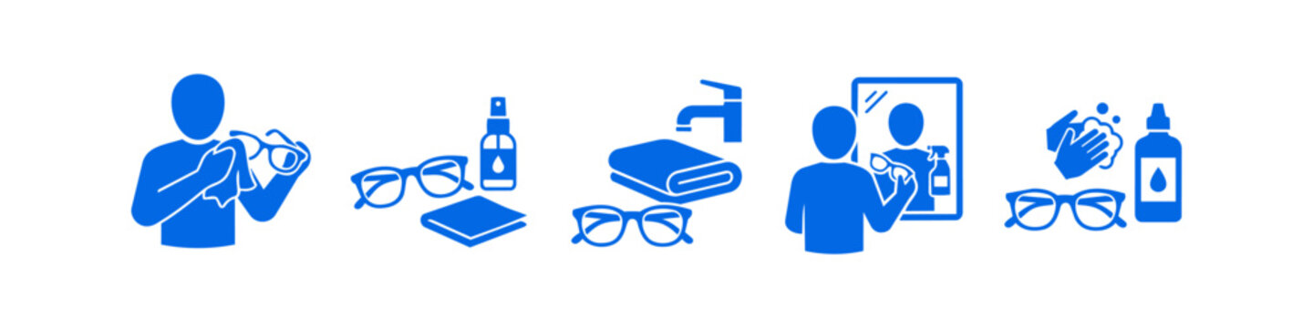 Set of blue icons for eyeglass cleaning and care instructions, including wiping with a cloth, using spray, washing hands, and mirror view.