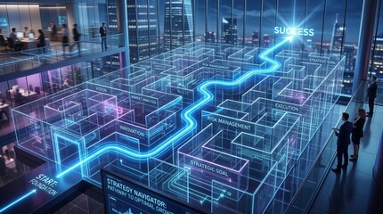 Fototapeta premium Futuristic Strategy Navigator with Neon Blue Success Pathway in Office