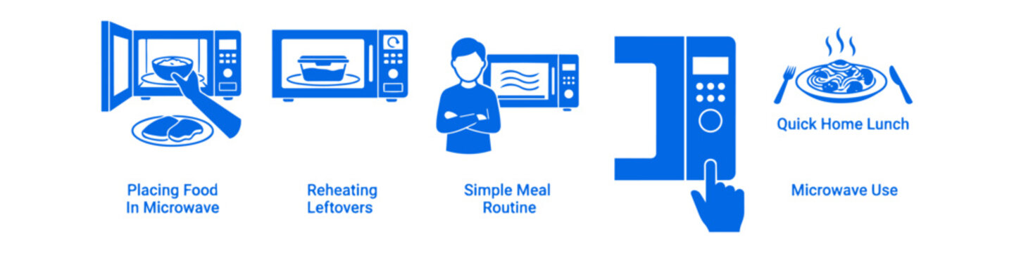 A set of blue vector icons depicting microwave oven usage, food preparation, reheating leftovers, and a quick home lunch routine. Simple flat design for kitchen and lifestyle content.