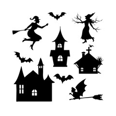 Black silhouettes of witches, bats, and haunted houses © Artist420