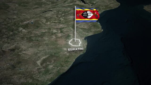 Eswatini Map Animation with 3D Waving of Eswatini National Flag and Glowing Border Animation on World Map