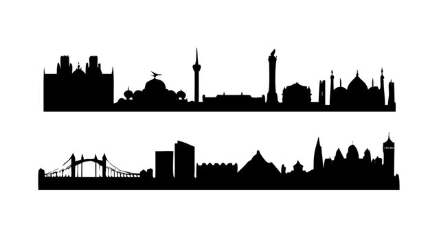 City skylines with buildings and bridges in silhouette