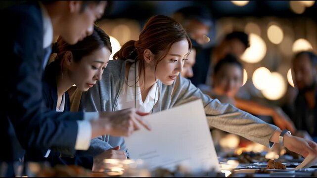 Asian business team dinner at restaurant in night city, teamwork collaboration strategy meeting and professional discussion, focused Japanese businesswoman leading teamwork brainstorming and planning