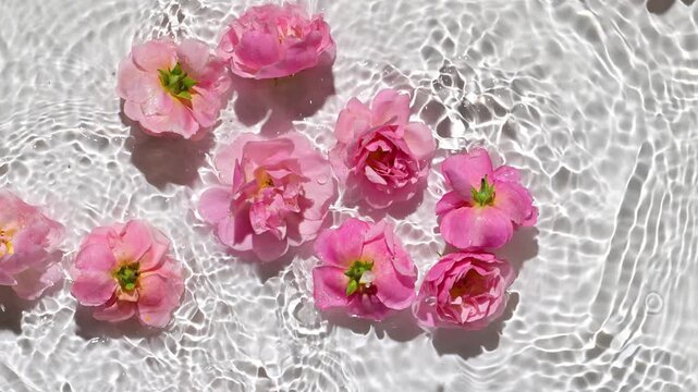 Slow motion of falling pink roses on water surface