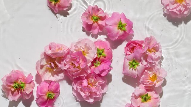 Slow motion of falling pink roses on water surface