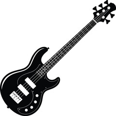 Fototapeta premium Black electric bass guitar with four strings and white accents on a white background