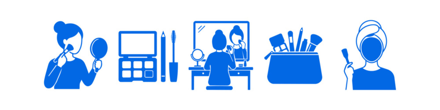 Blue makeup and skincare icon set featuring women applying cosmetics, a vanity table, makeup palette, mascara, and a beauty bag. Ideal for beauty salon, spa, and self-care branding.