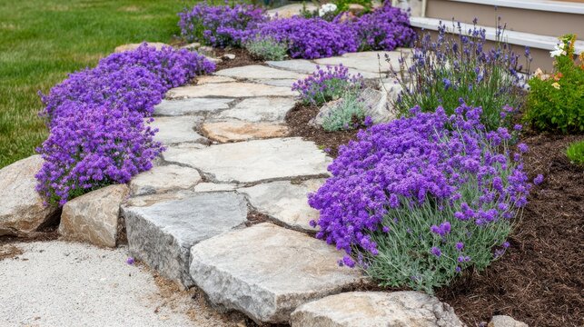 Beautiful Flowering Pathway with Purple Blooms and Stone Arrangement in Lush Garden Landscape