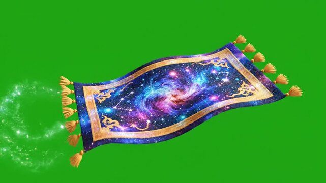 Animated Magic Carpet Floating with Sparkling Trail on Green Screen Background for Video Backdrop