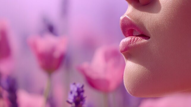 Close-up Portrait of a Woman's Lips Surrounded by Vibrant Flowers in Soft Pink Tones Creating a Dreamy Atmosphere