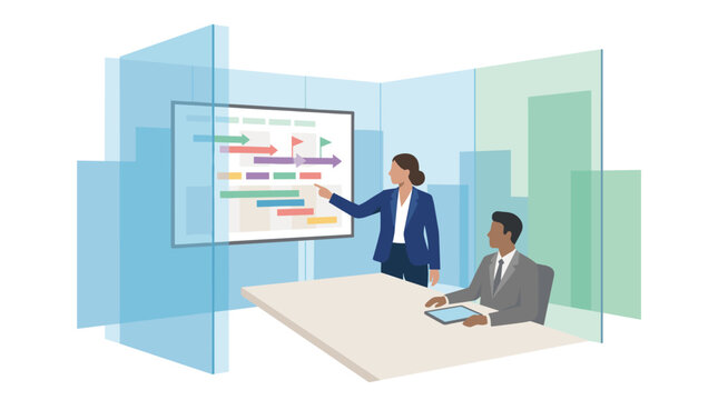 Business Presentation Scene With Presenter And Whiteboard.