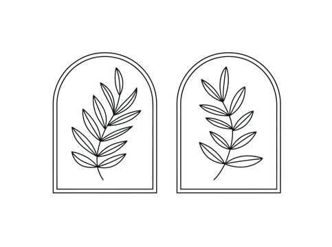 Minimalist line art of two arched frames with leafy branches  simple elegant design element  decorative illustration