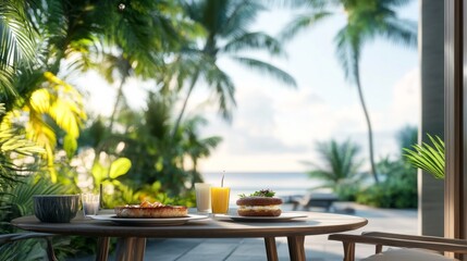 Obraz premium Terrace of a tropical villa with breakfast and ocean view; generative ai