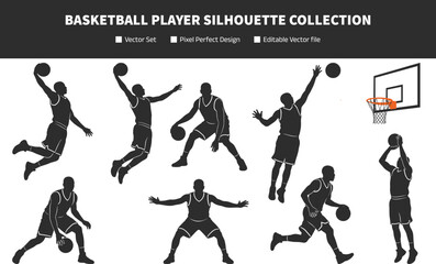 Basketball Player Silhouette Collection with Athletic Action Poses Sports Competition Graphics and Team Tournament Designs for Recreation Projects © SunilKumar