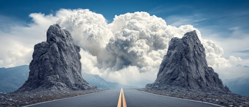 Dramatic Clouds Over Rocky Landscape Framing a Lonely Highway Stretching into the Horizon