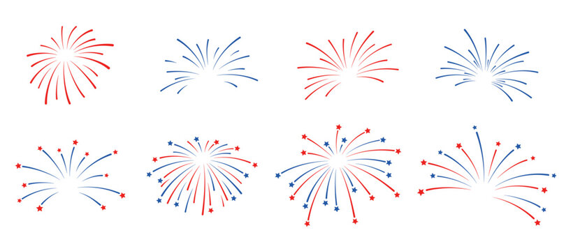 Festive salutes, fireworks in red blue color isolated on white background, template for July 4th, collection of elements. Vector flat design for USA national holiday