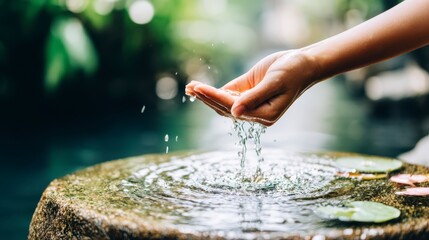 Obraz premium Hand Reaching to Ripple Water Surface in Serene Garden Pond Surrounded by Lush Greenery and Leaves
