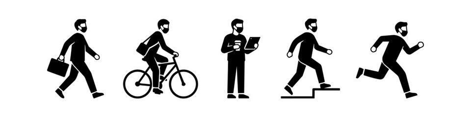 Naklejka premium Set of black silhouette icons showing people wearing face masks during daily activities like walking with a briefcase, cycling, drinking coffee, climbing stairs, and running.