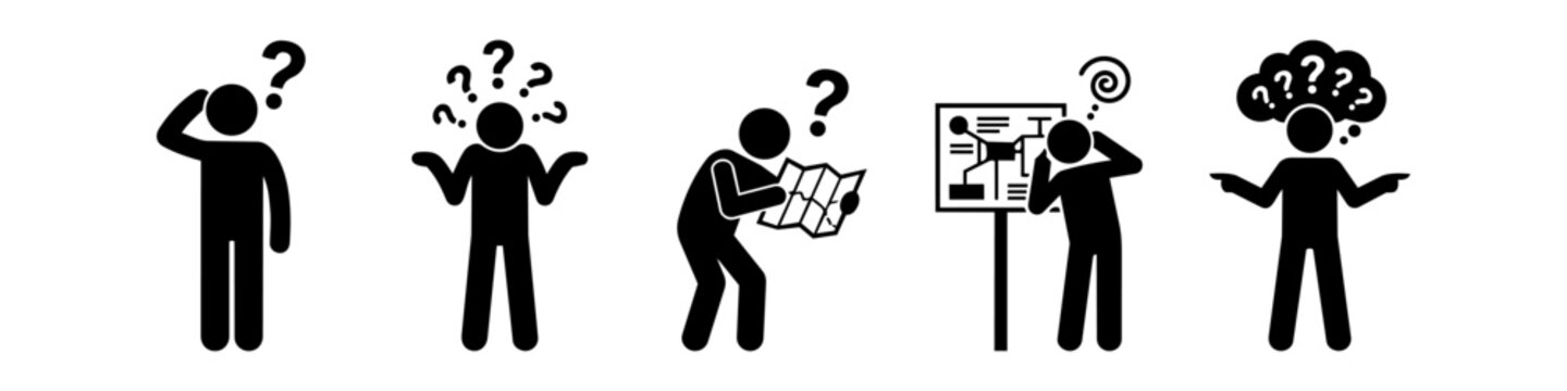 Set of stick figure icons depicting confusion, being lost, and uncertainty. Characters scratching heads, looking at maps, and facing difficult choices with question mark symbols.
