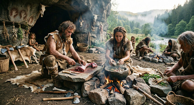 Ancient prehistoric tribe of cavemen cooking meat over an open fire near a cave.