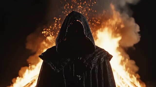 Cloaked figure in front of fire highlighting geometric patterns and contemporary art