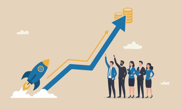 Exponential,meeting industrial graph, business sales or profit increase concept, financial report graph with exponential arrow from flying rocket