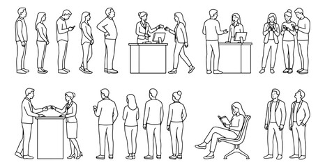Minimalist line art people silhouettes set, diverse crowd of people standing in queue and at reception desk, architectural outline vector collection © Chaudhary