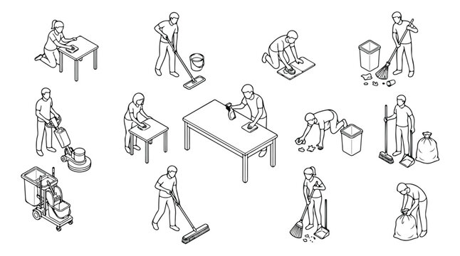 Isometric cleaning service people vector set, professional janitorial staff characters, commercial housekeeping and sanitation workers line art icons