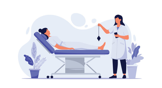 Professional female doctor using a pendulum to hypnotize a patient lying on a medical table during a therapy session.