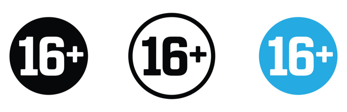 Age restriction icons set with 16 plus symbols in black, White and blue colors for content rating and maturity levels
