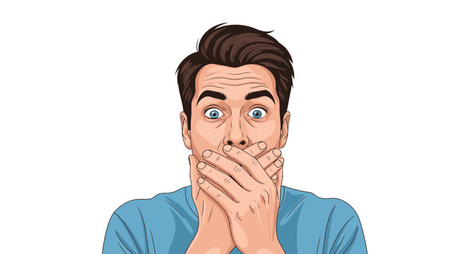 Shocked man covering mouth with hands expressing surprise and disbelief