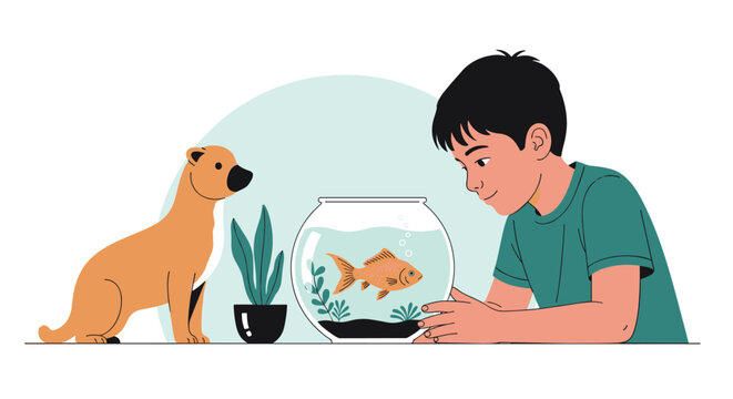 Curious young boy looking at a goldfish in a glass bowl while a pet ferret stands next to him in a room with plants.