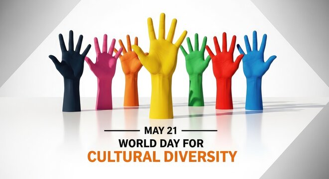 World Day for Cultural Diversity banner with colorful shadow hands reaching up on abstract white background