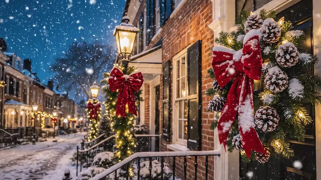 Snowy street with decorated brick houses symbolizing tranquility, harmony, and natural balance