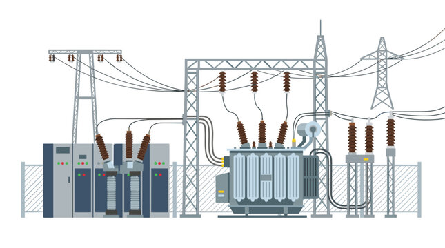 An industrial electrical substation featuring large power transformers and high-voltage insulators with overhead transmission lines against a white background.